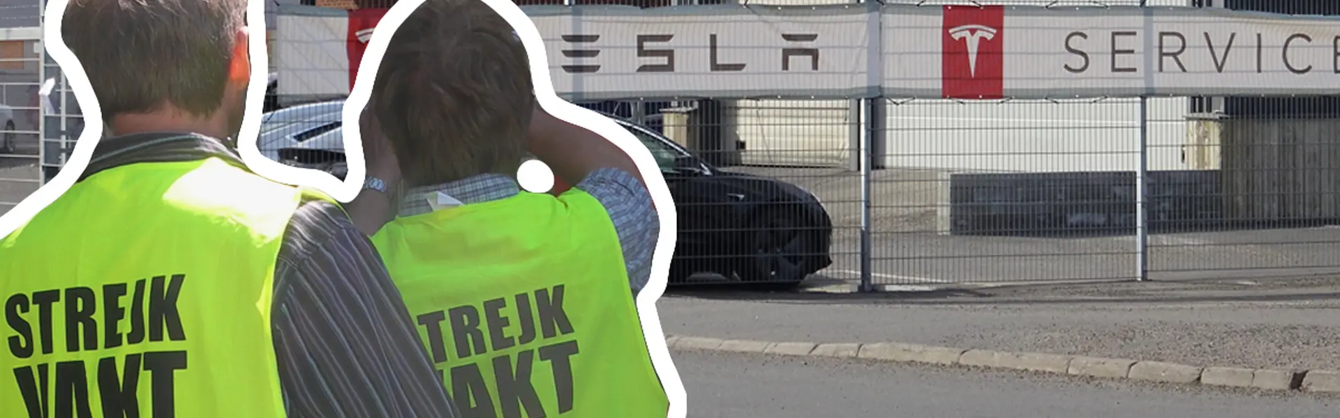 Collage med strejkvakter och Tesla