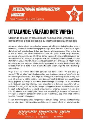 Uttalande: V&auml;lfard inte vapen! 8 mars 2026