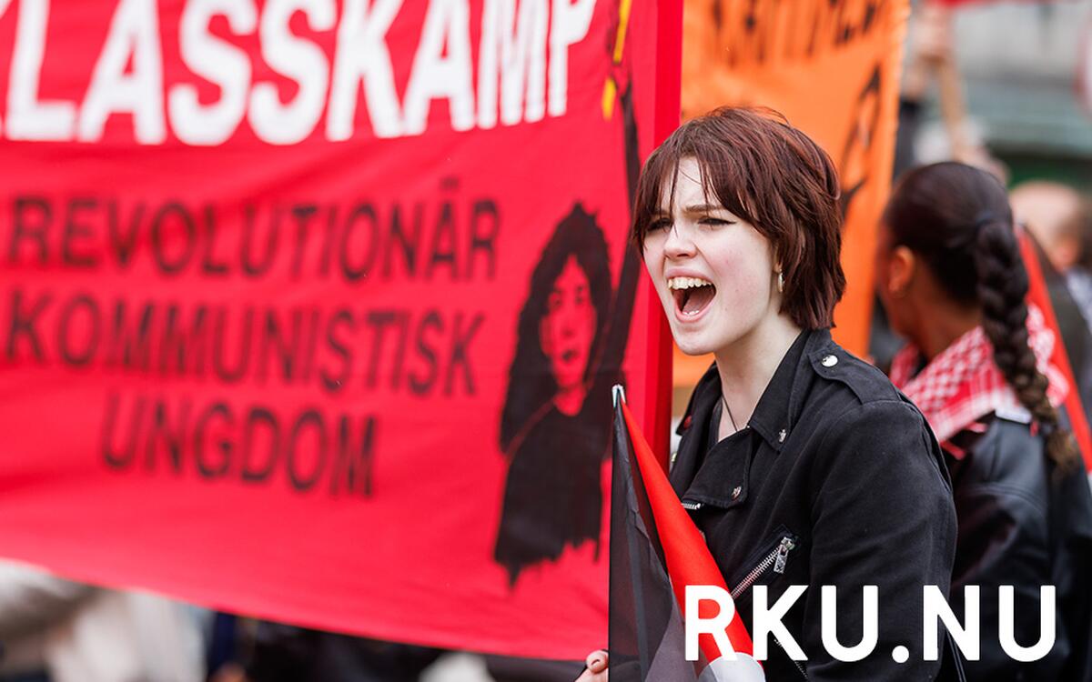 Demonstrant vid Röd front 2025 i Stockholm