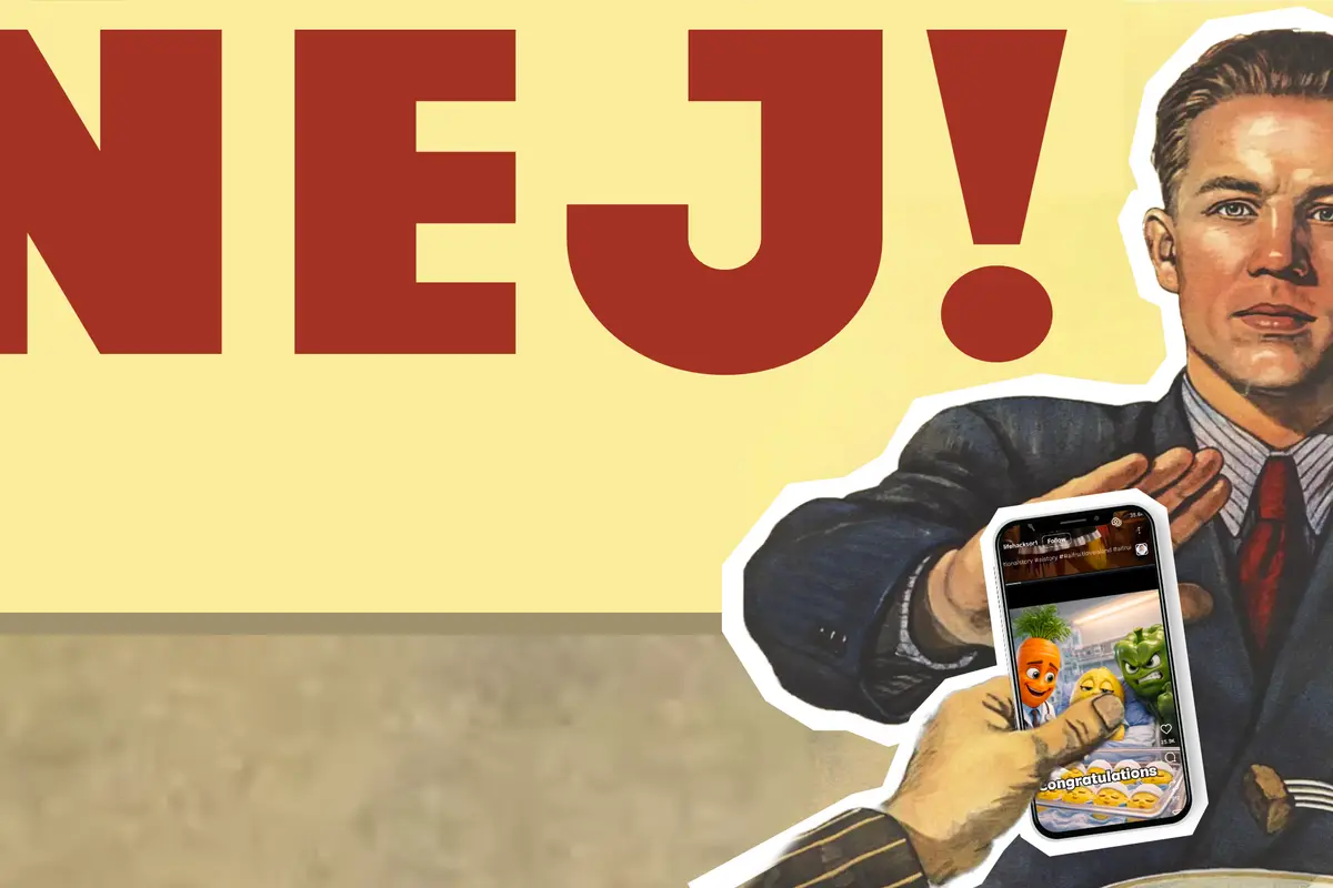 Sovjetisk propagandabild "NEJ" fast med brainrot ist&auml;llet f&ouml;r alkohol.